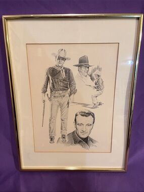 Framed signed B N W Western Pencil Drawing Classic Portrait of John Wayne